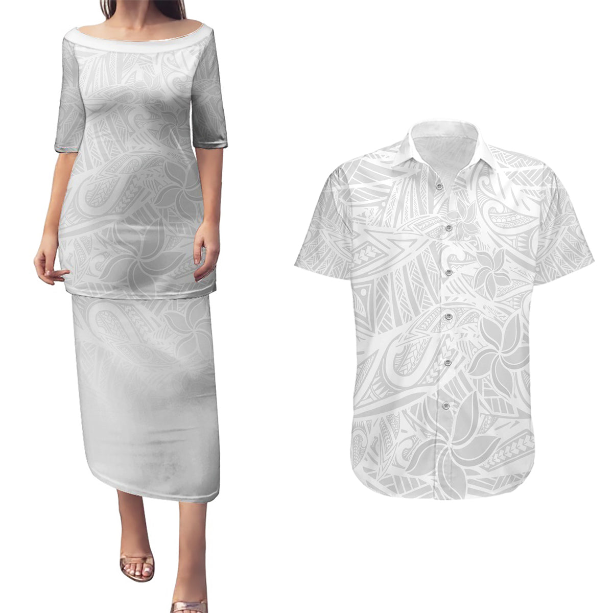 Polynesia White Sunday Couples Matching Puletasi Dress and Hawaiian Shirt Polynesian Pattern With Tropical Flowers - Wonder Print Shop