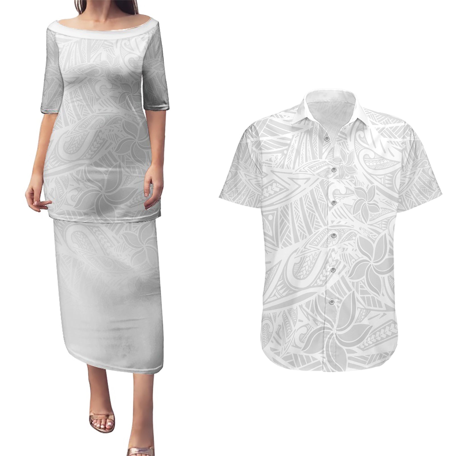 Polynesia White Sunday Couples Matching Puletasi Dress and Hawaiian Shirt Polynesian Pattern With Tropical Flowers - Wonder Print Shop