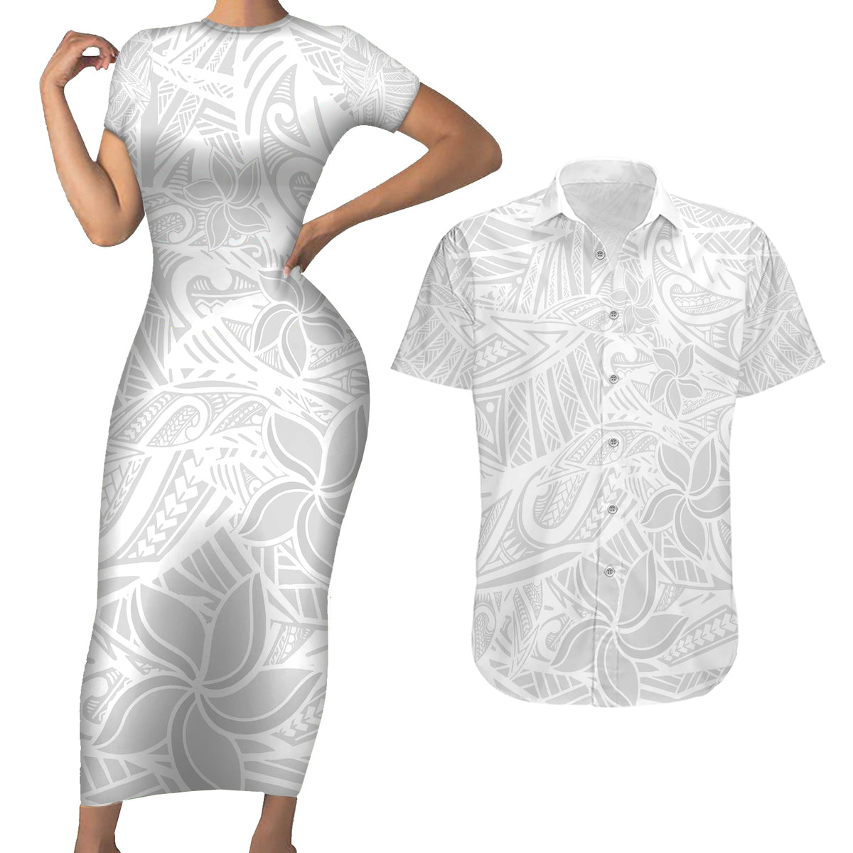 Polynesia White Sunday Couples Matching Short Sleeve Bodycon Dress and Hawaiian Shirt Polynesian Pattern With Tropical Flowers - Wonder Print Shop