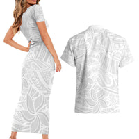 Polynesia White Sunday Couples Matching Short Sleeve Bodycon Dress and Hawaiian Shirt Polynesian Pattern With Tropical Flowers - Wonder Print Shop