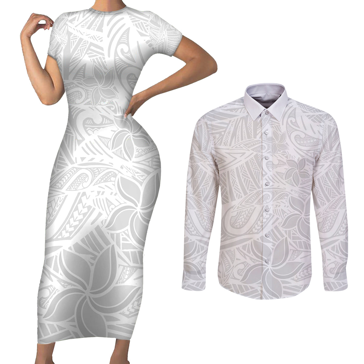 Polynesia White Sunday Couples Matching Short Sleeve Bodycon Dress and Long Sleeve Button Shirts Polynesian Pattern With Tropical Flowers - Wonder Print Shop
