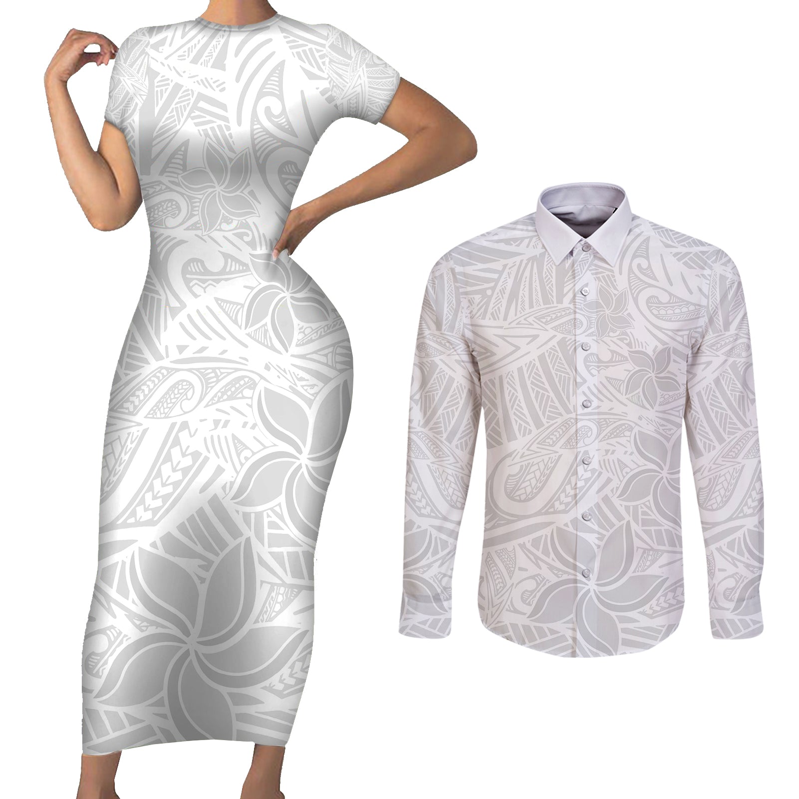 Polynesia White Sunday Couples Matching Short Sleeve Bodycon Dress and Long Sleeve Button Shirts Polynesian Pattern With Tropical Flowers - Wonder Print Shop