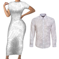 Polynesia White Sunday Couples Matching Short Sleeve Bodycon Dress and Long Sleeve Button Shirts Polynesian Pattern With Tropical Flowers - Wonder Print Shop