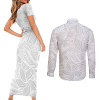 Polynesia White Sunday Couples Matching Short Sleeve Bodycon Dress and Long Sleeve Button Shirts Polynesian Pattern With Tropical Flowers - Wonder Print Shop