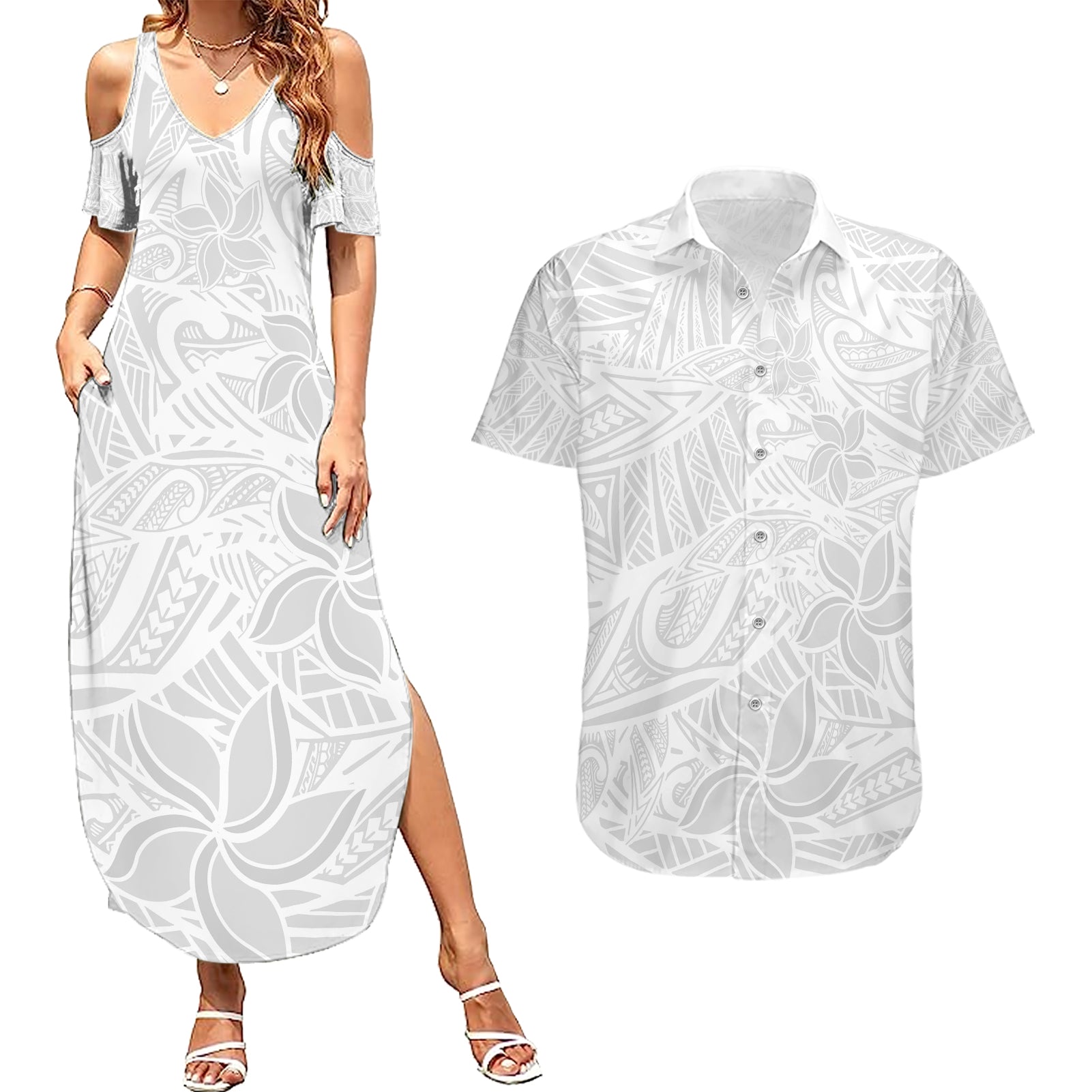 Polynesia White Sunday Couples Matching Summer Maxi Dress and Hawaiian Shirt Polynesian Pattern With Tropical Flowers - Wonder Print Shop