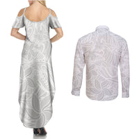 Polynesia White Sunday Couples Matching Summer Maxi Dress and Long Sleeve Button Shirts Polynesian Pattern With Tropical Flowers - Wonder Print Shop