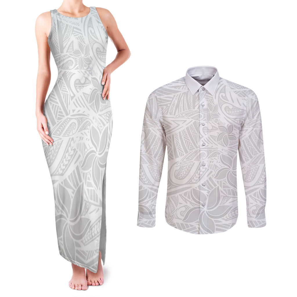 Polynesia White Sunday Couples Matching Tank Maxi Dress and Long Sleeve Button Shirts Polynesian Pattern With Tropical Flowers - Wonder Print Shop