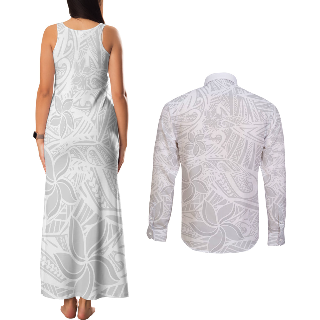 Polynesia White Sunday Couples Matching Tank Maxi Dress and Long Sleeve Button Shirts Polynesian Pattern With Tropical Flowers - Wonder Print Shop