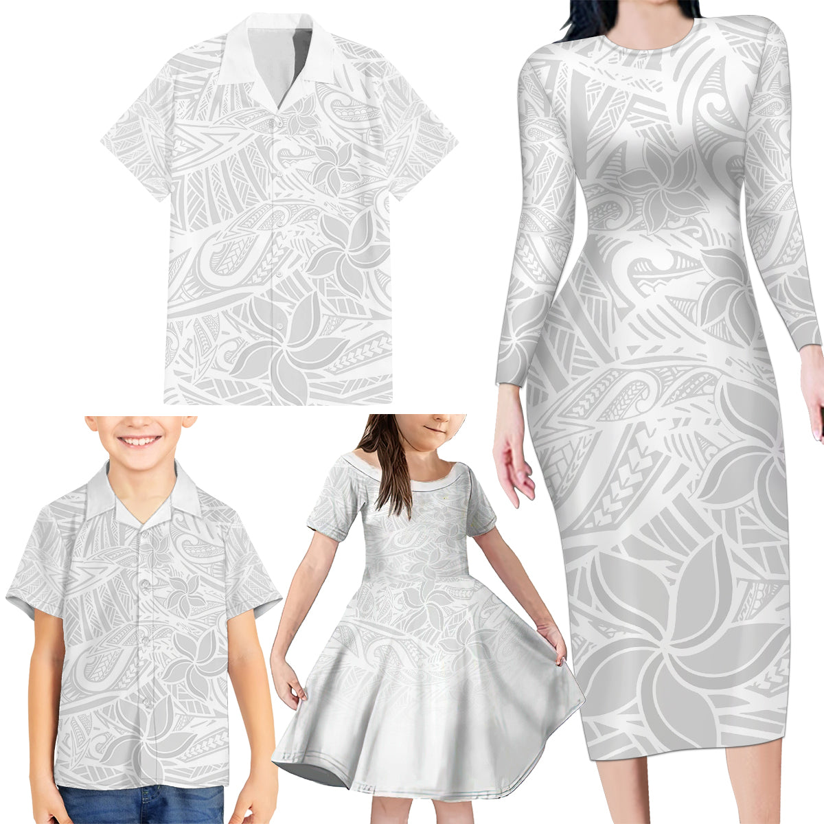 Polynesia White Sunday Family Matching Long Sleeve Bodycon Dress and Hawaiian Shirt Polynesian Pattern With Tropical Flowers - Wonder Print Shop