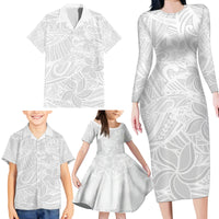 Polynesia White Sunday Family Matching Long Sleeve Bodycon Dress and Hawaiian Shirt Polynesian Pattern With Tropical Flowers - Wonder Print Shop