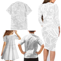 Polynesia White Sunday Family Matching Long Sleeve Bodycon Dress and Hawaiian Shirt Polynesian Pattern With Tropical Flowers - Wonder Print Shop