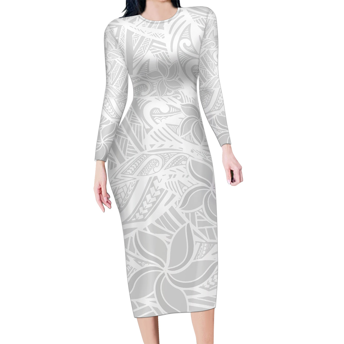 Polynesia White Sunday Family Matching Long Sleeve Bodycon Dress and Hawaiian Shirt Polynesian Pattern With Tropical Flowers - Wonder Print Shop