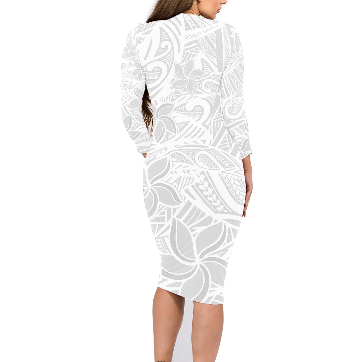 Polynesia White Sunday Family Matching Long Sleeve Bodycon Dress and Hawaiian Shirt Polynesian Pattern With Tropical Flowers - Wonder Print Shop