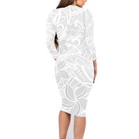 Polynesia White Sunday Family Matching Long Sleeve Bodycon Dress and Hawaiian Shirt Polynesian Pattern With Tropical Flowers - Wonder Print Shop