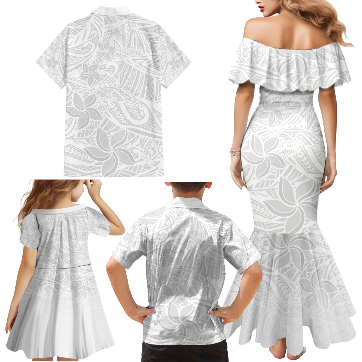 Polynesia White Sunday Family Matching Mermaid Dress and Hawaiian Shirt Polynesian Pattern With Tropical Flowers - Wonder Print Shop