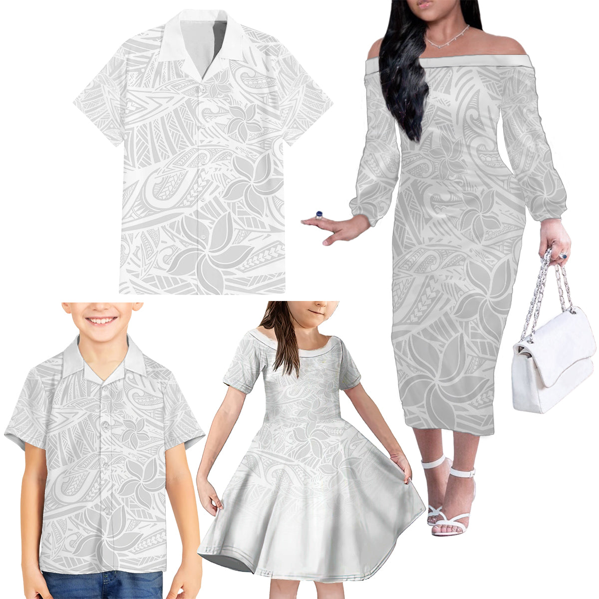 Polynesia White Sunday Family Matching Off Shoulder Long Sleeve Dress and Hawaiian Shirt Polynesian Pattern With Tropical Flowers - Wonder Print Shop