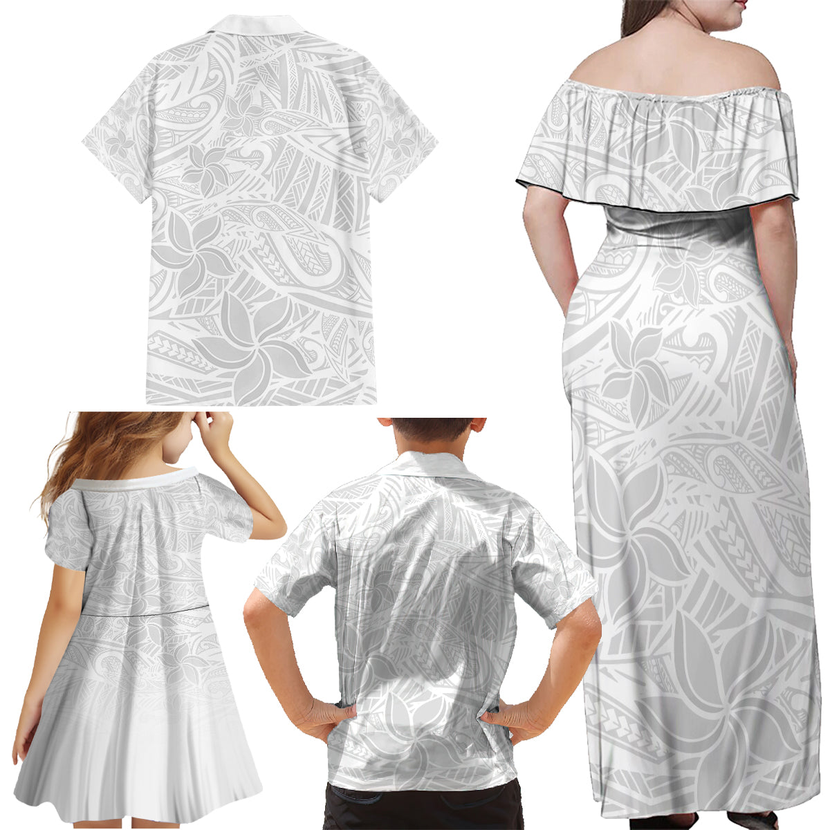 Polynesia White Sunday Family Matching Off Shoulder Maxi Dress and Hawaiian Shirt Polynesian Pattern With Tropical Flowers - Wonder Print Shop