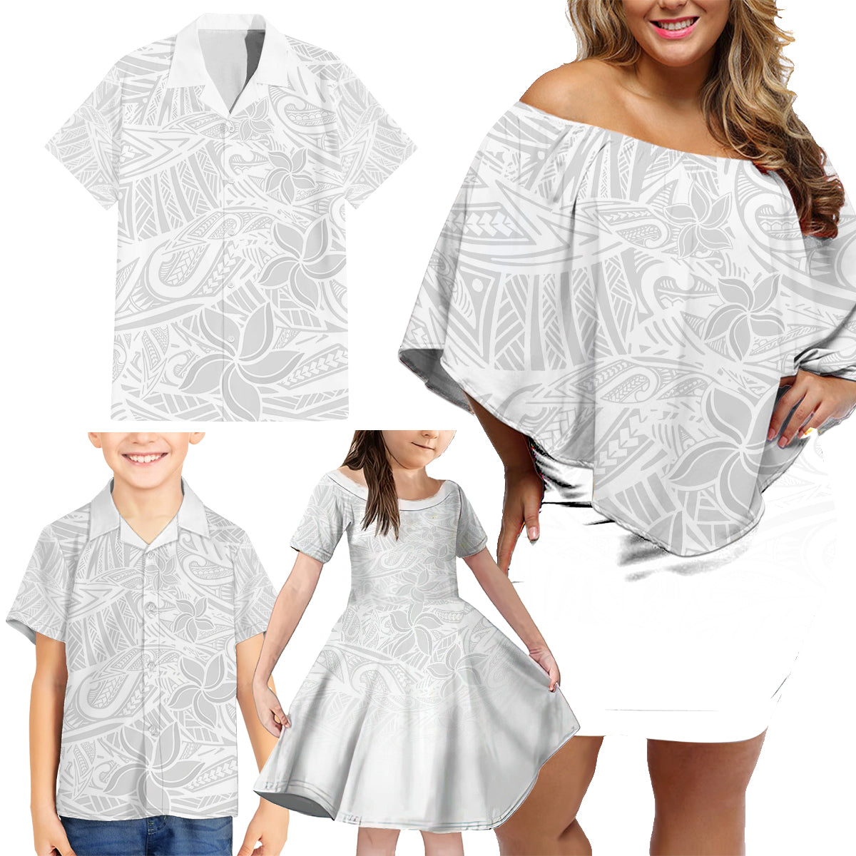 Polynesia White Sunday Family Matching Off Shoulder Short Dress and Hawaiian Shirt Polynesian Pattern With Tropical Flowers - Wonder Print Shop