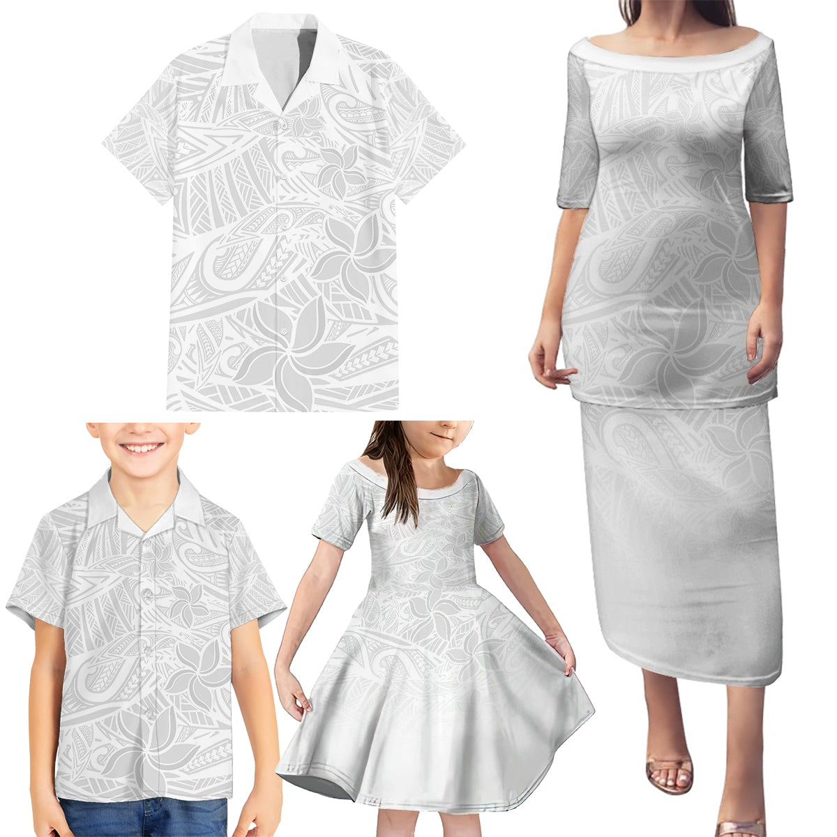 Polynesia White Sunday Family Matching Puletasi Dress and Hawaiian Shirt Polynesian Pattern With Tropical Flowers - Wonder Print Shop