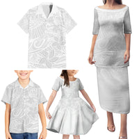 Polynesia White Sunday Family Matching Puletasi Dress and Hawaiian Shirt Polynesian Pattern With Tropical Flowers - Wonder Print Shop