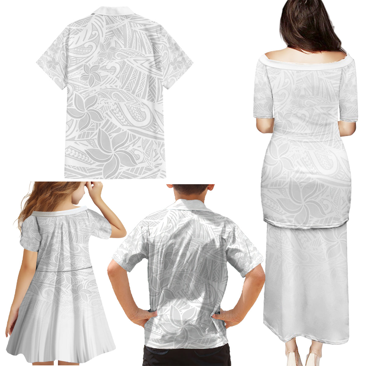 Polynesia White Sunday Family Matching Puletasi Dress and Hawaiian Shirt Polynesian Pattern With Tropical Flowers - Wonder Print Shop
