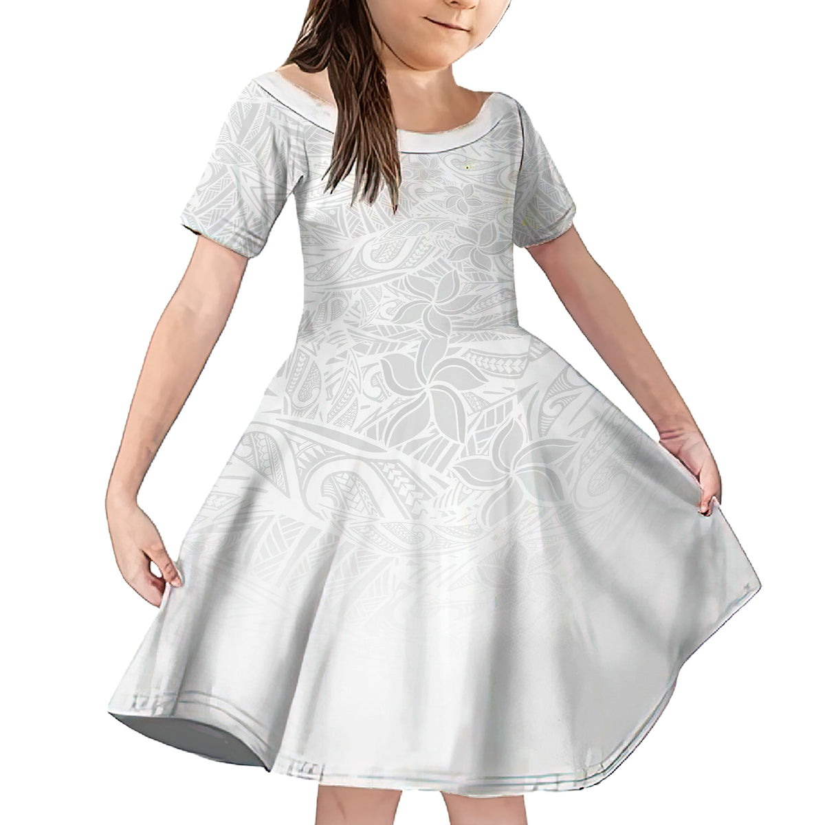 Polynesia White Sunday Family Matching Short Sleeve Bodycon Dress and Hawaiian Shirt Polynesian Pattern With Tropical Flowers - Wonder Print Shop