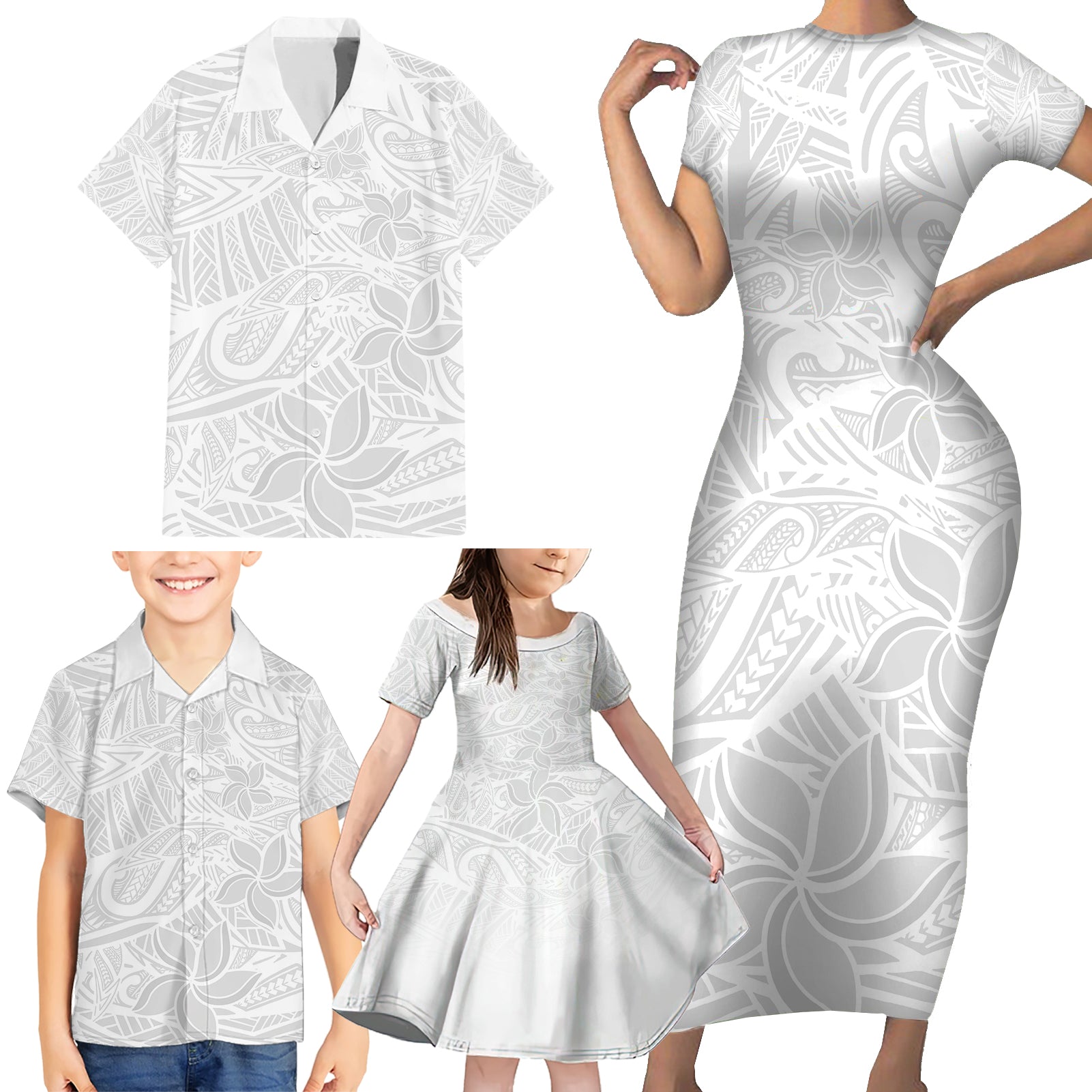 Polynesia White Sunday Family Matching Short Sleeve Bodycon Dress and Hawaiian Shirt Polynesian Pattern With Tropical Flowers - Wonder Print Shop