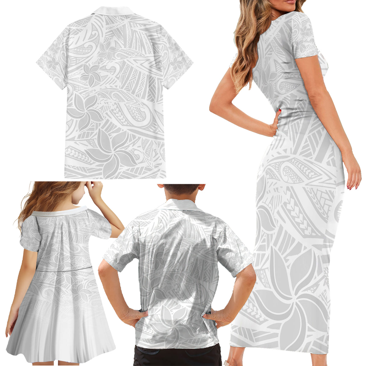 Polynesia White Sunday Family Matching Short Sleeve Bodycon Dress and Hawaiian Shirt Polynesian Pattern With Tropical Flowers - Wonder Print Shop