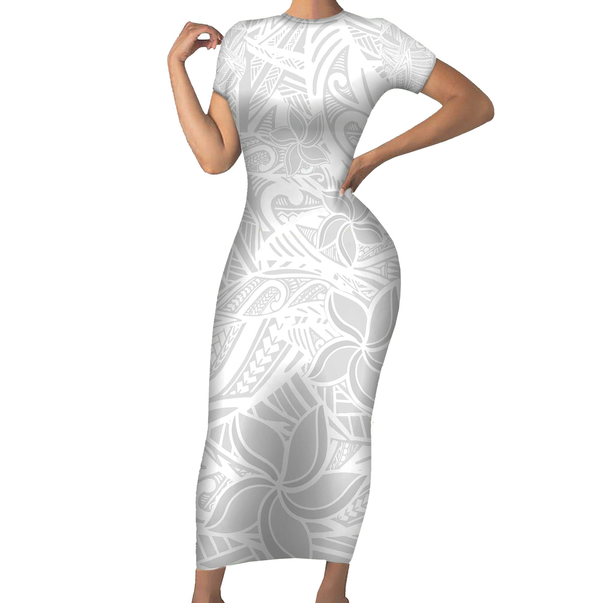 Polynesia White Sunday Family Matching Short Sleeve Bodycon Dress and Hawaiian Shirt Polynesian Pattern With Tropical Flowers - Wonder Print Shop
