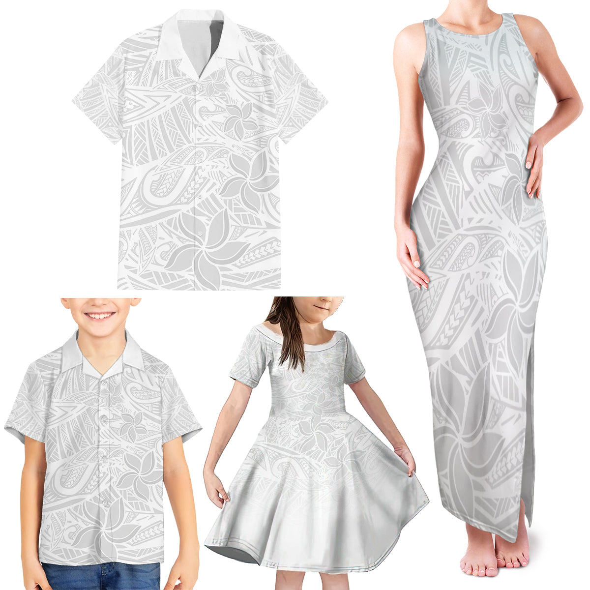 Polynesia White Sunday Family Matching Tank Maxi Dress and Hawaiian Shirt Polynesian Pattern With Tropical Flowers - Wonder Print Shop