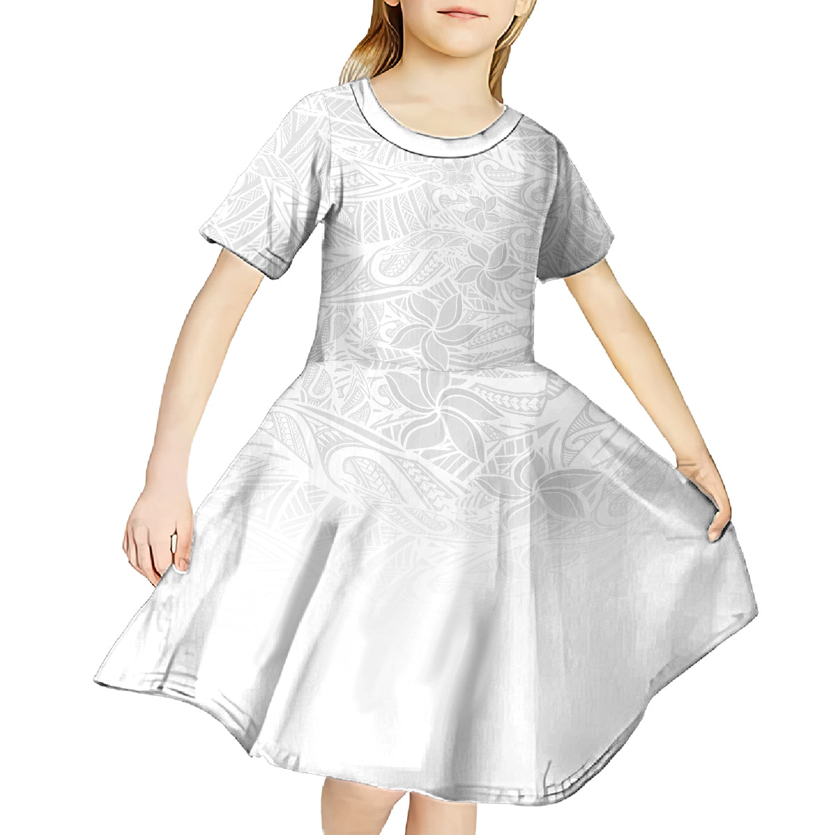 Polynesia White Sunday Kid Short Sleeve Dress Polynesian Pattern With Tropical Flowers - Wonder Print Shop
