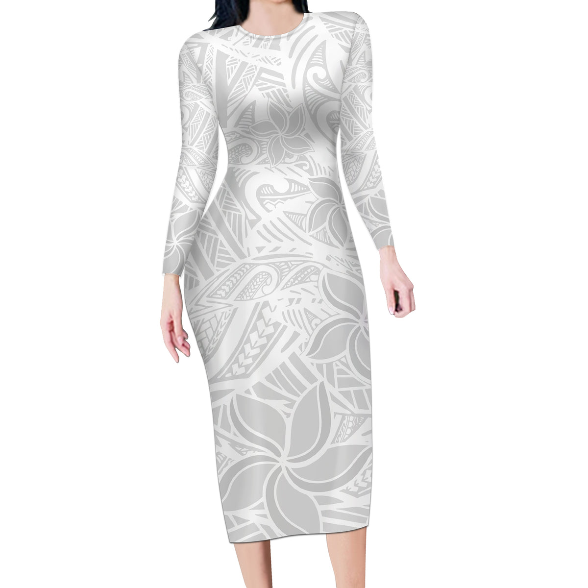 Polynesia White Sunday Long Sleeve Bodycon Dress Polynesian Pattern With Tropical Flowers - Wonder Print Shop