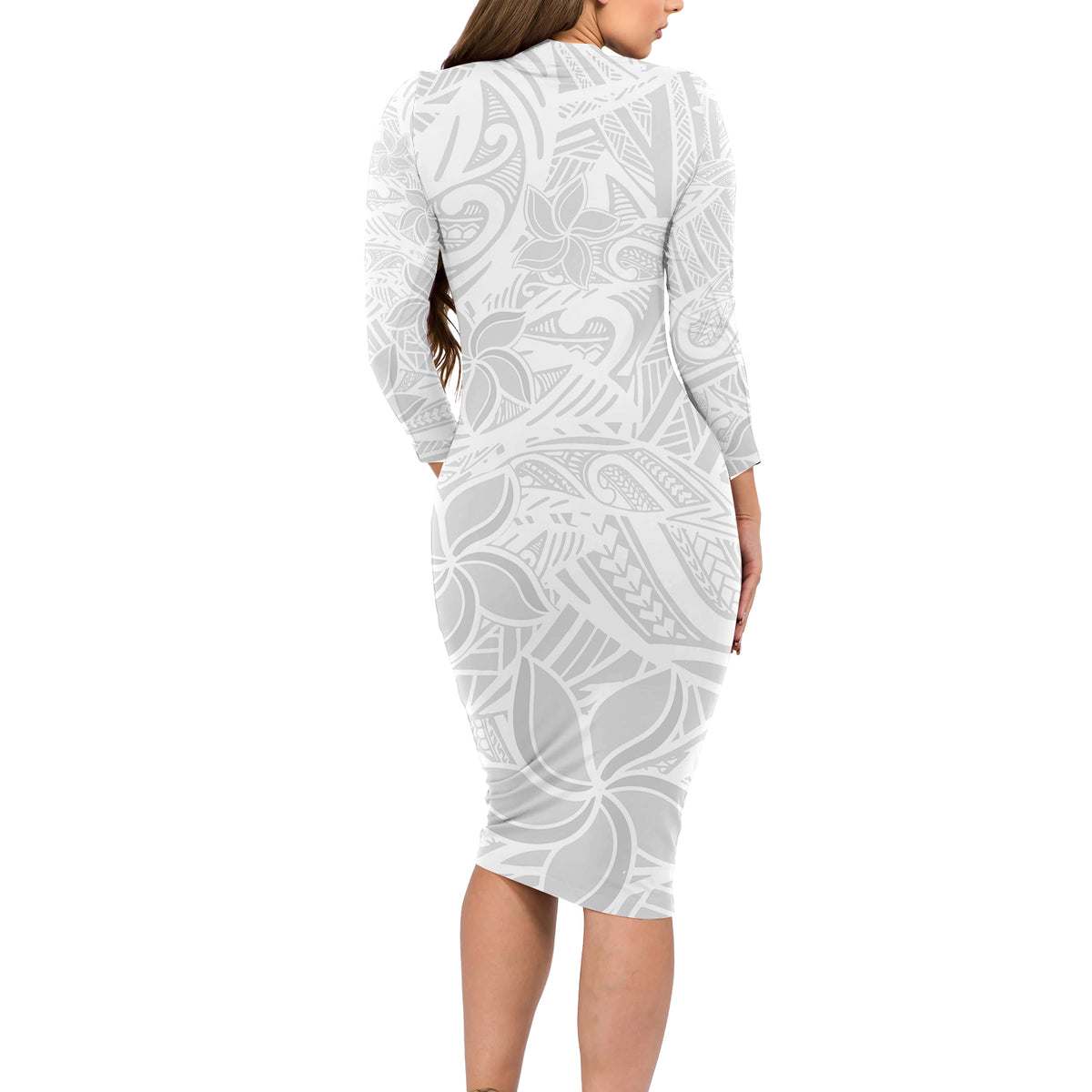 Polynesia White Sunday Long Sleeve Bodycon Dress Polynesian Pattern With Tropical Flowers - Wonder Print Shop