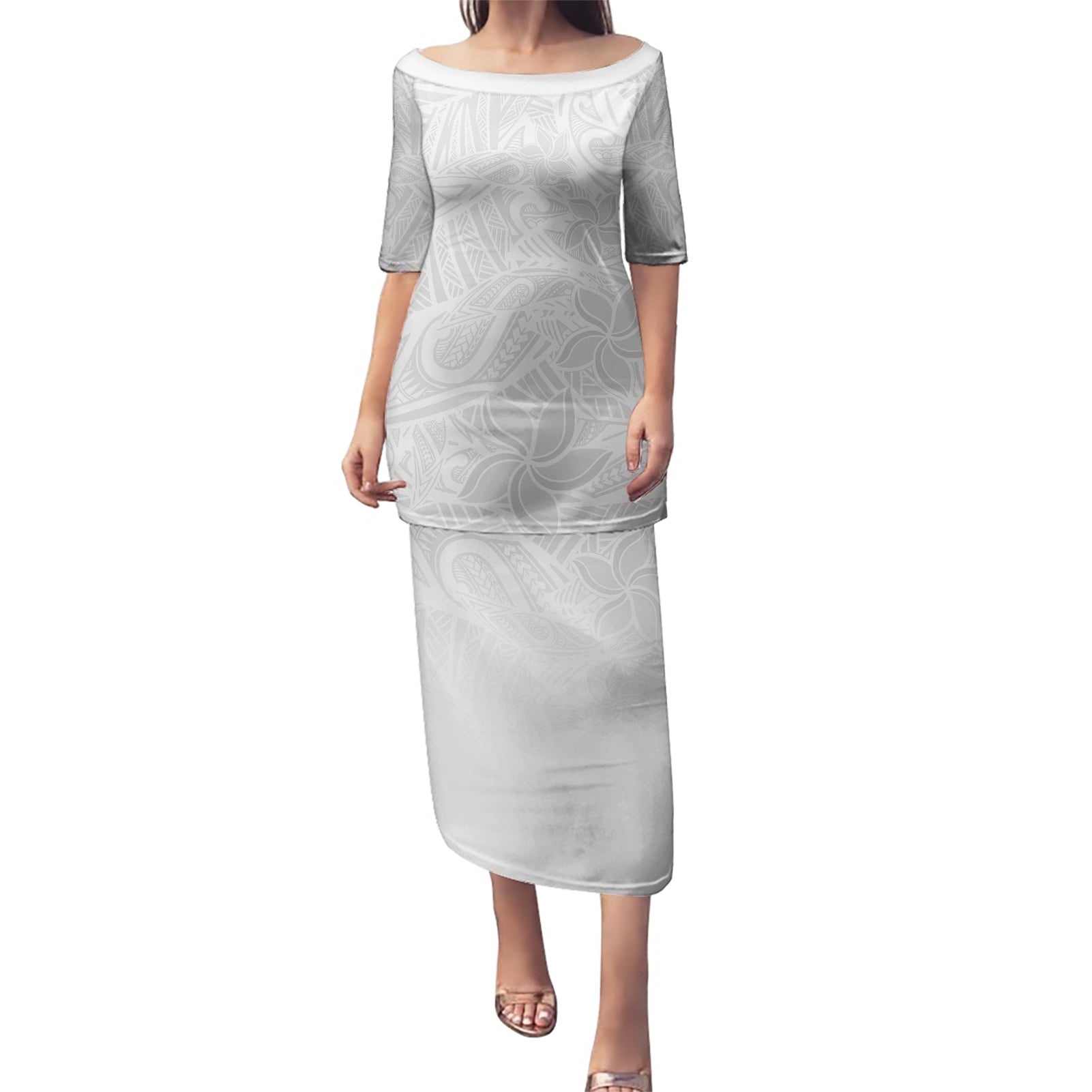 Polynesia White Sunday Puletasi Polynesian Pattern With Tropical Flowers - Wonder Print Shop