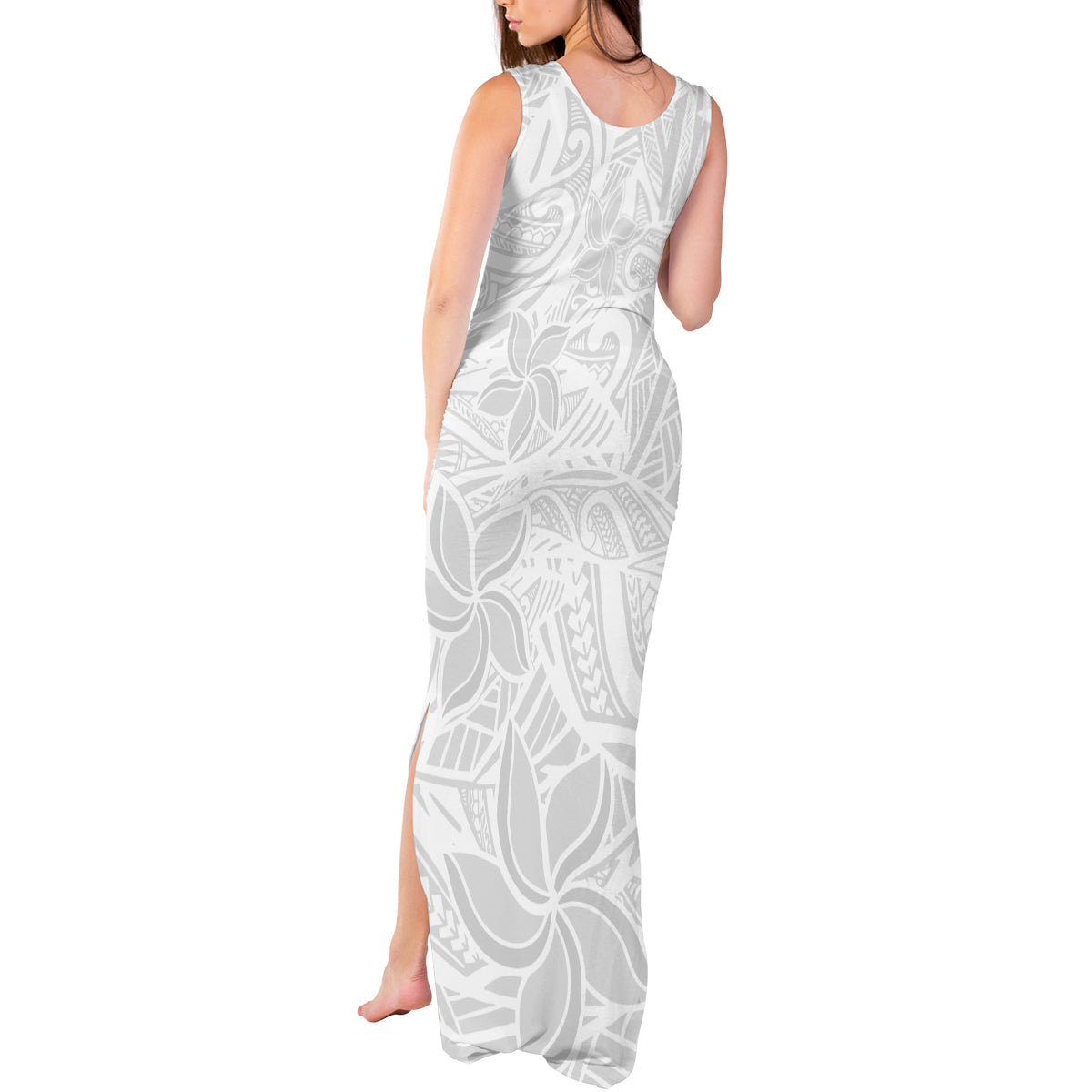 Polynesia White Sunday Tank Maxi Dress Polynesian Pattern With Tropical Flowers - Wonder Print Shop