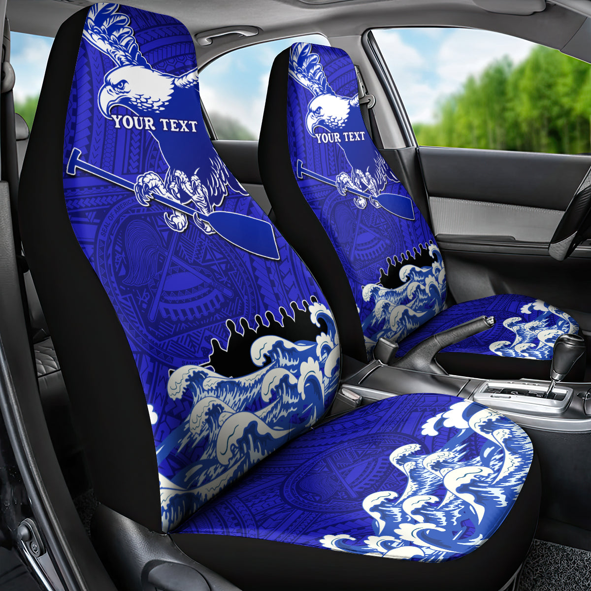 Personalised American Samoa Fautasi Race Car Seat Cover Eagle With Polynesian Pattern - Wonder Print Shop