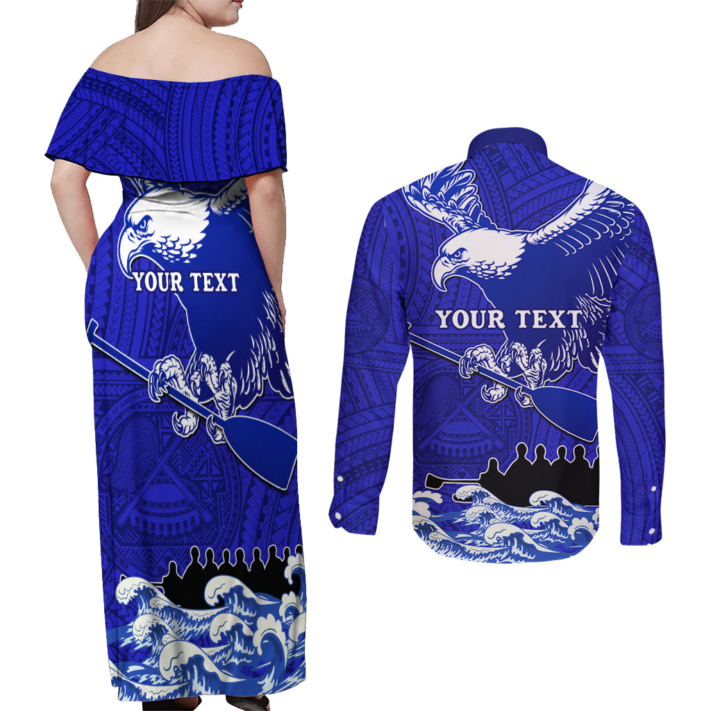 Personalised American Samoa Fautasi Race Couples Matching Off Shoulder Maxi Dress and Long Sleeve Button Shirts Eagle With Polynesian Pattern - Wonder Print Shop
