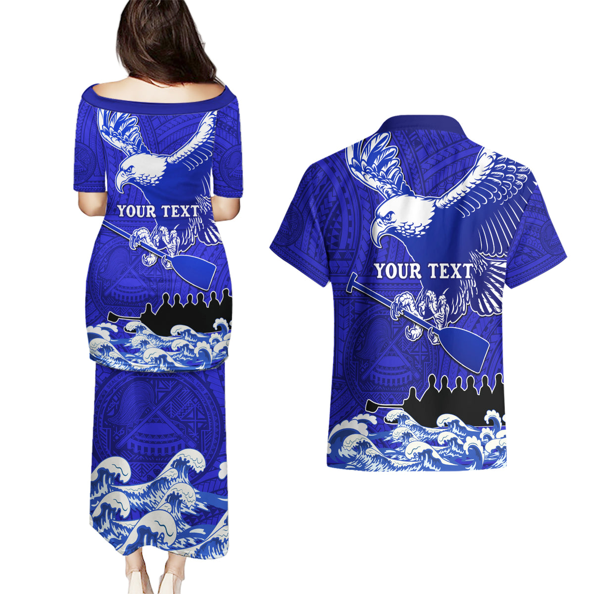 Personalised American Samoa Fautasi Race Couples Matching Puletasi Dress and Hawaiian Shirt Eagle With Polynesian Pattern - Wonder Print Shop