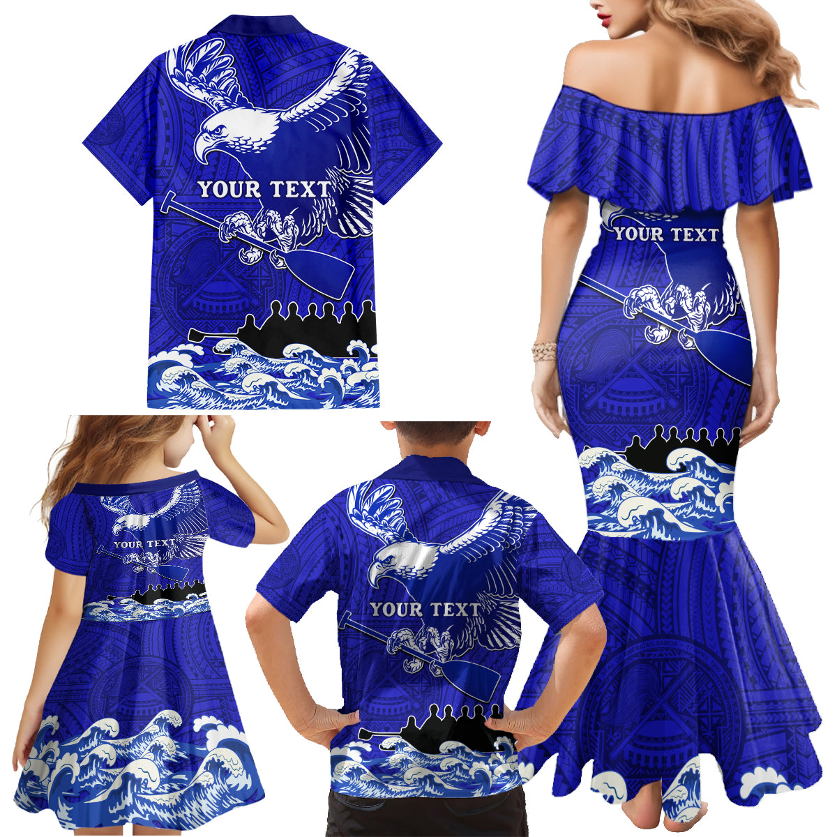 Personalised American Samoa Fautasi Race Family Matching Mermaid Dress and Hawaiian Shirt Eagle With Polynesian Pattern - Wonder Print Shop