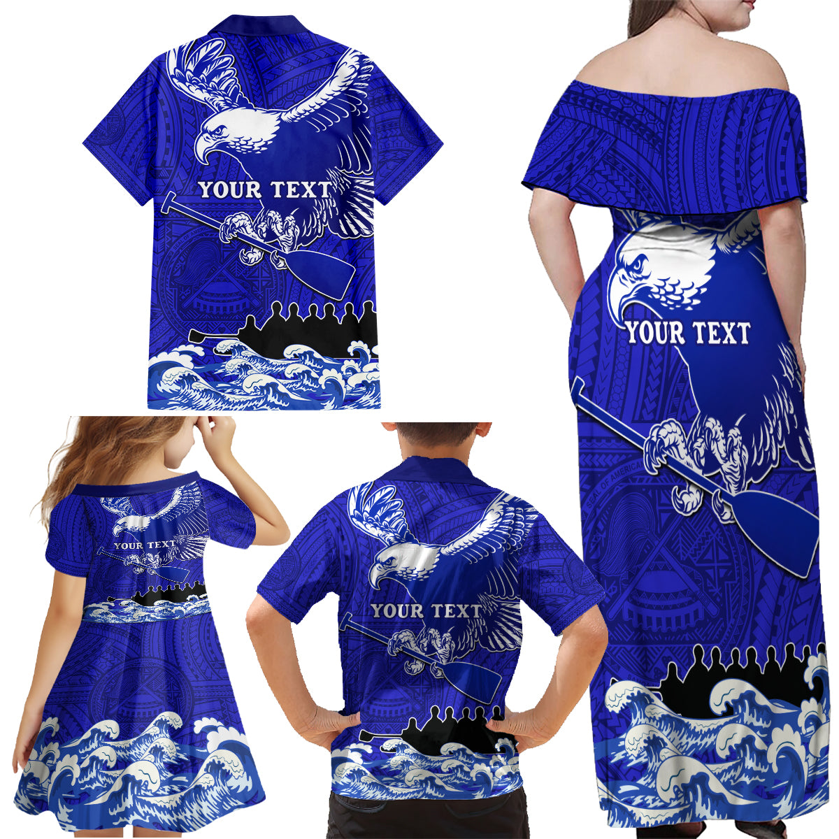 Personalised American Samoa Fautasi Race Family Matching Off Shoulder Maxi Dress and Hawaiian Shirt Eagle With Polynesian Pattern - Wonder Print Shop