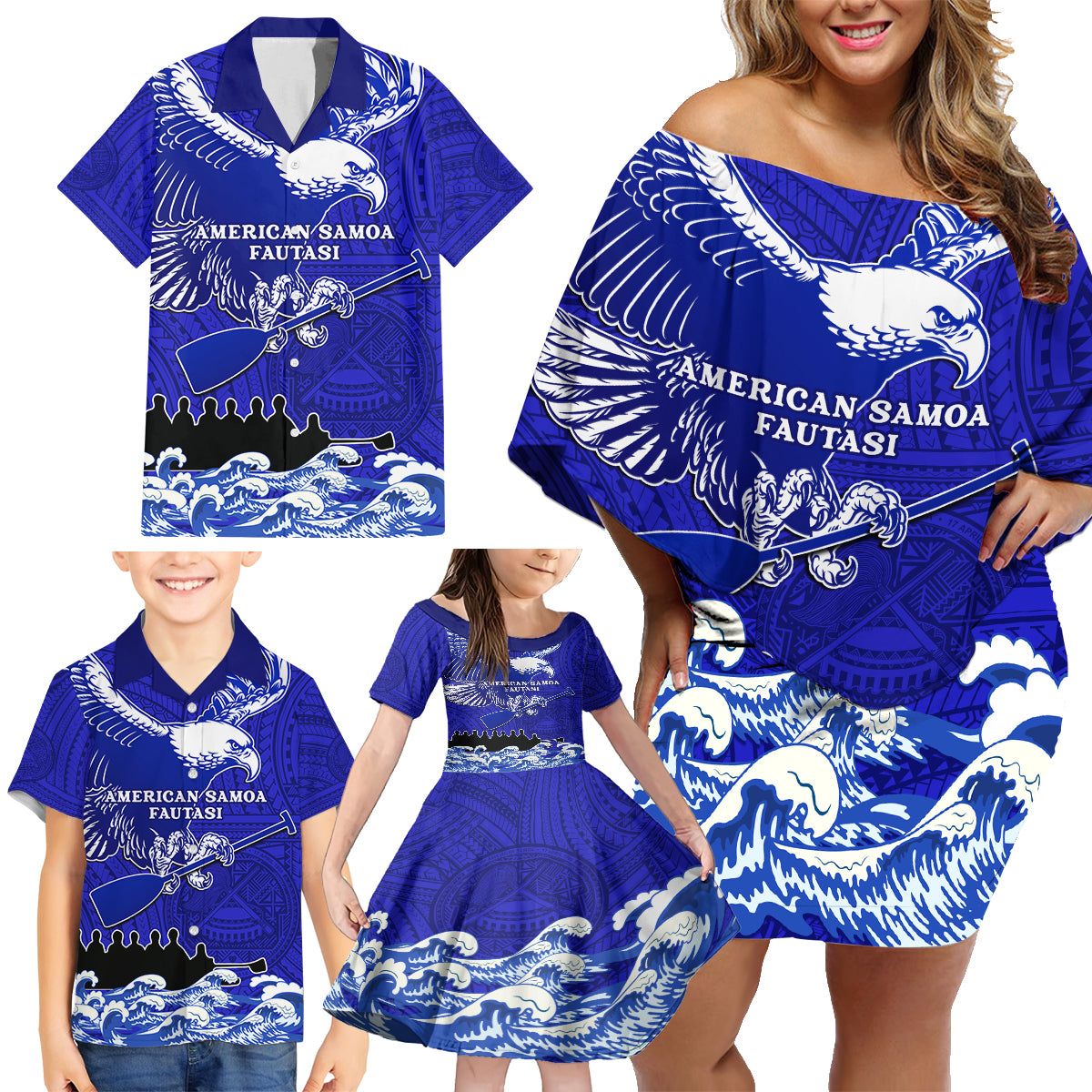 Personalised American Samoa Fautasi Race Family Matching Off Shoulder Short Dress and Hawaiian Shirt Eagle With Polynesian Pattern - Wonder Print Shop