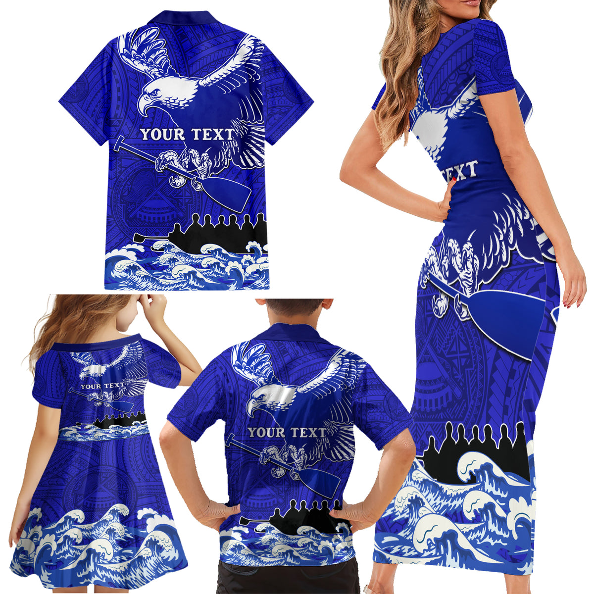 Personalised American Samoa Fautasi Race Family Matching Short Sleeve Bodycon Dress and Hawaiian Shirt Eagle With Polynesian Pattern - Wonder Print Shop