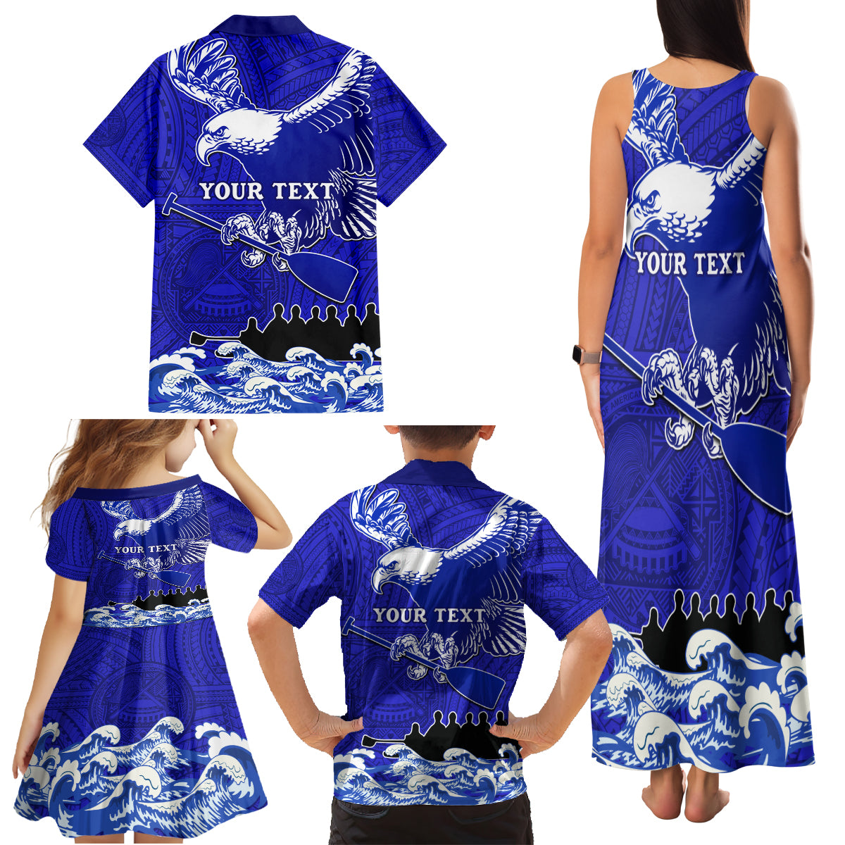 Personalised American Samoa Fautasi Race Family Matching Tank Maxi Dress and Hawaiian Shirt Eagle With Polynesian Pattern - Wonder Print Shop