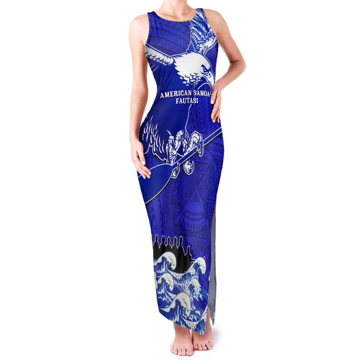 Personalised American Samoa Fautasi Race Family Matching Tank Maxi Dress and Hawaiian Shirt Eagle With Polynesian Pattern - Wonder Print Shop