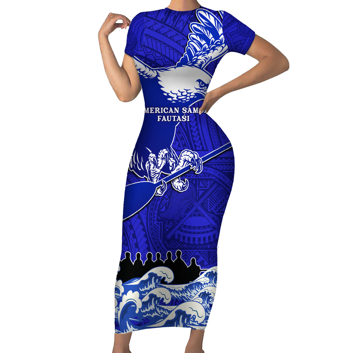 Personalised American Samoa Fautasi Race Short Sleeve Bodycon Dress Eagle With Polynesian Pattern - Wonder Print Shop