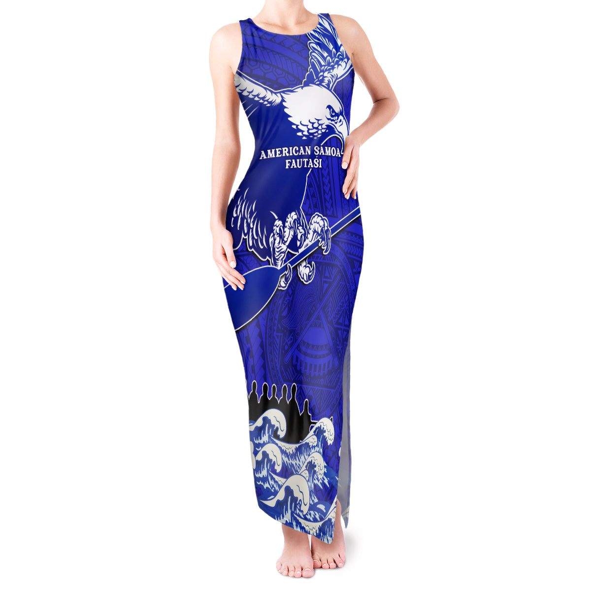 Personalised American Samoa Fautasi Race Tank Maxi Dress Eagle With Polynesian Pattern - Wonder Print Shop