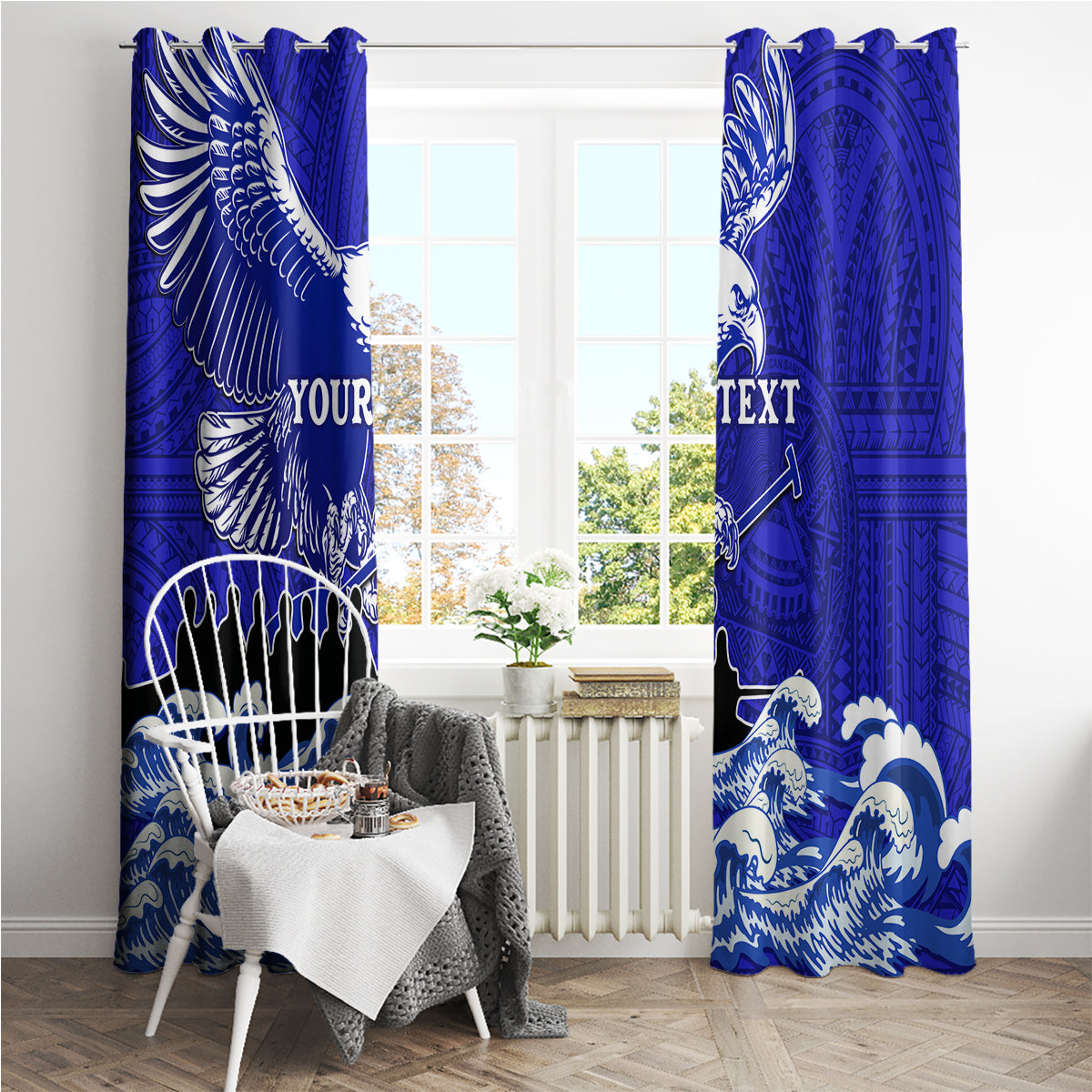 Personalised American Samoa Fautasi Race Window Curtain Eagle With Polynesian Pattern - Wonder Print Shop