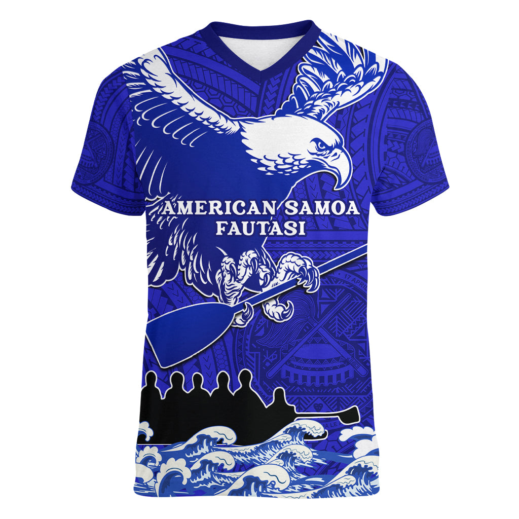 Personalised American Samoa Fautasi Race Women V Neck T Shirt Eagle With Polynesian Pattern - Wonder Print Shop