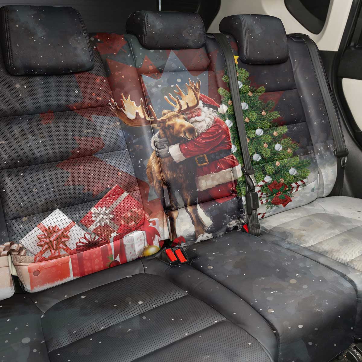 Christmas Canada Back Car Seat Cover Merry Moose-Mas Santa Hugging A Moose - Wonder Print Shop