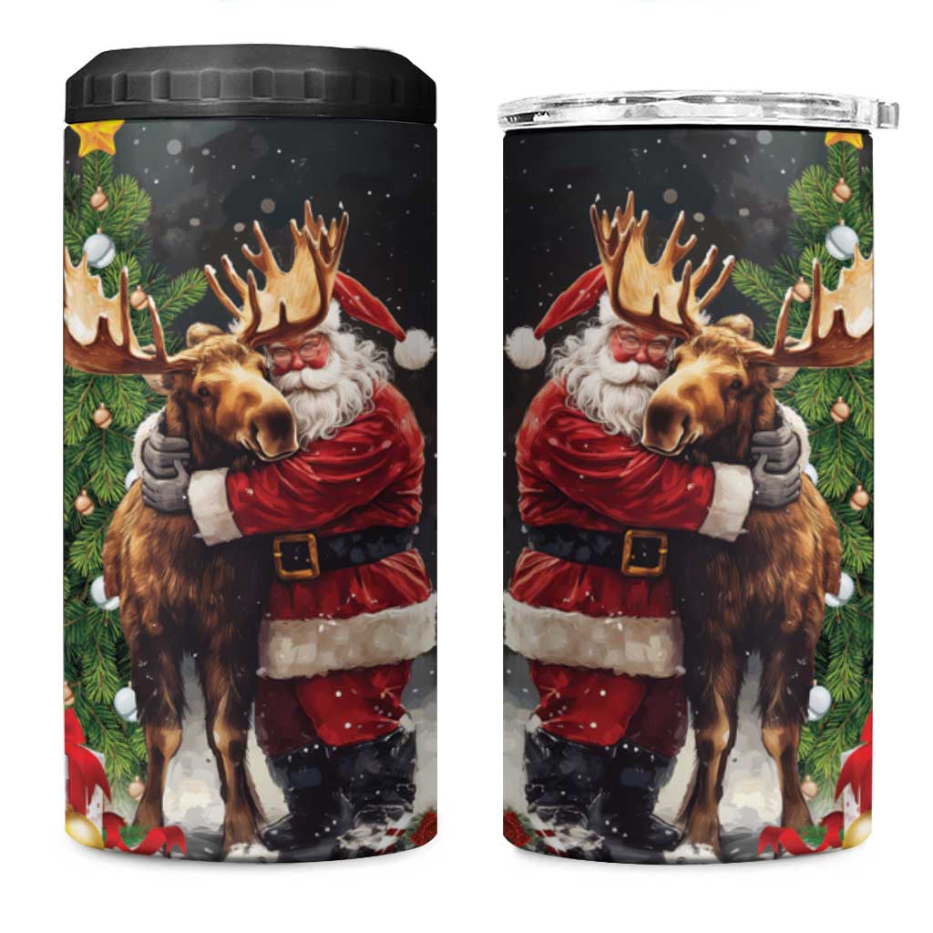 Christmas Canada 4 in 1 Can Cooler Tumbler Merry Moose-Mas Santa Hugging A Moose - Wonder Print Shop